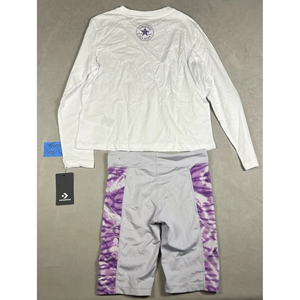 Converse Girls 2pc Set Long‎ Sleeve Graphic Tee Tie Dye Bike Shorts White Purp L